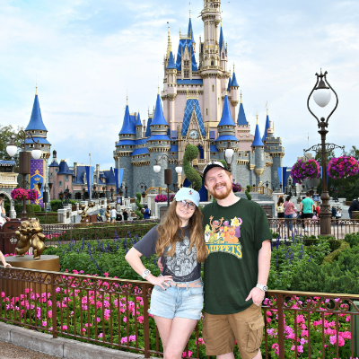 Picture of us at Magic Kingdom in front of the castle